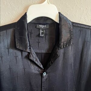 Forever 21 Black Satin Shirt with Subtle Cross Motif